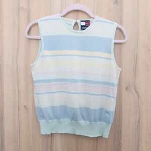 VTG Y2K Tommy Hilfiger Womens Sleeveless Sweater Top Size M Pastel Stripe Preppy